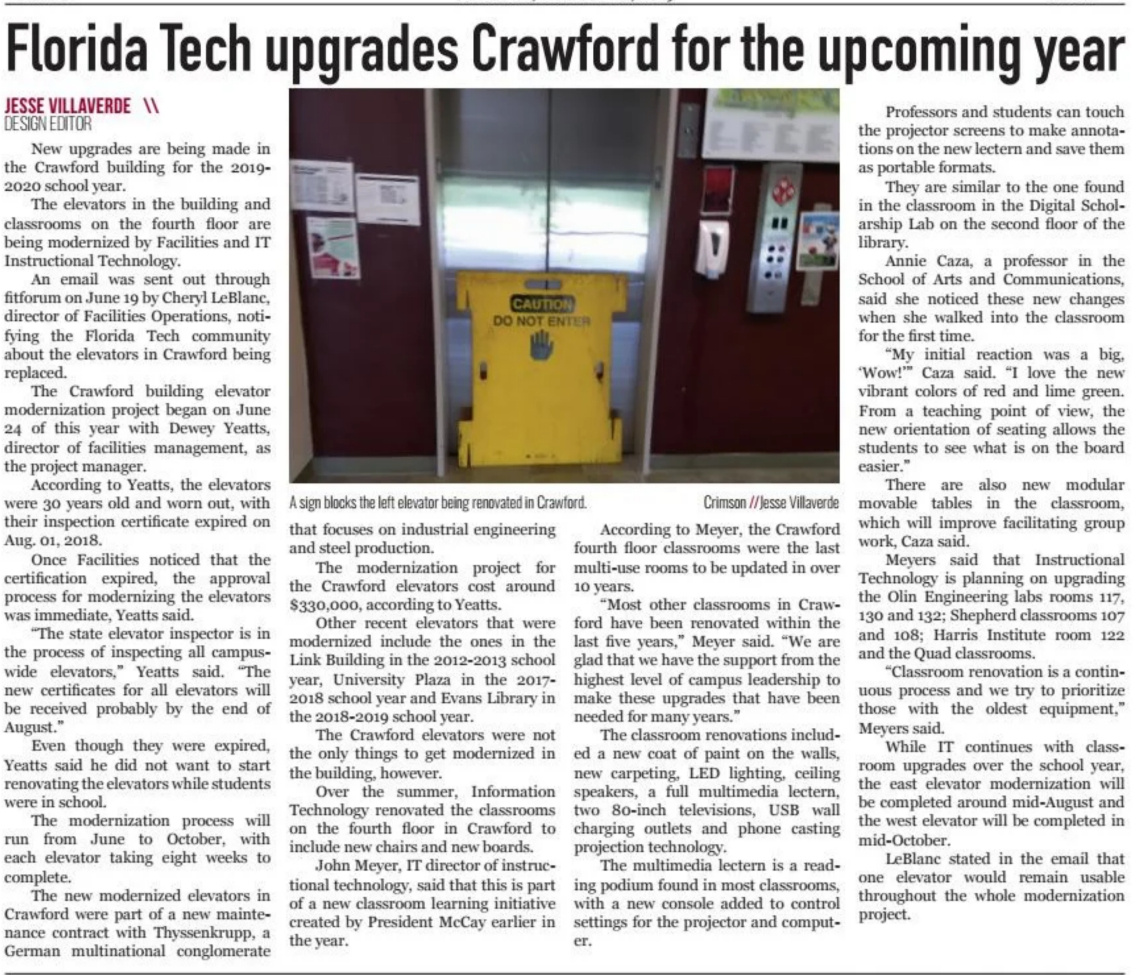 Article featured in The Florida Tech Crimson Issue 1 Fall 2019
